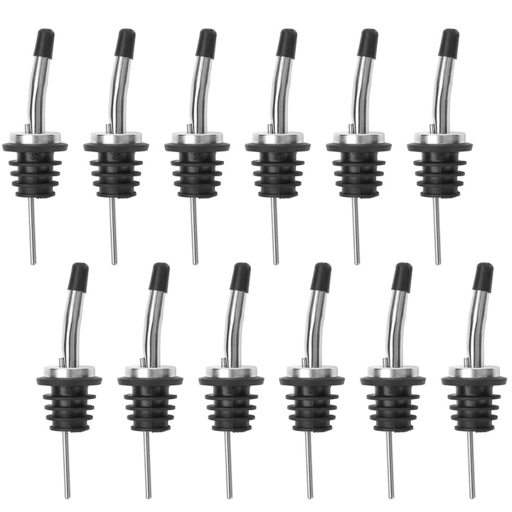 Set 12 bucati Pouratoare Bauturi QttvbTna, Otel Inoxidabil, Etanse, Negru/Argintiu, 22mm