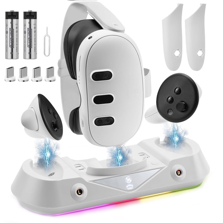 Statie de Incarcare RGB Rapida si Versatila pentru VR Meta Quest 3 - LEBLOU, Baterii 1800mAh, Incarcare Rapida si Simultana, Protectie Avansata si Design Ergonomic pentru Casca VR si Controlere