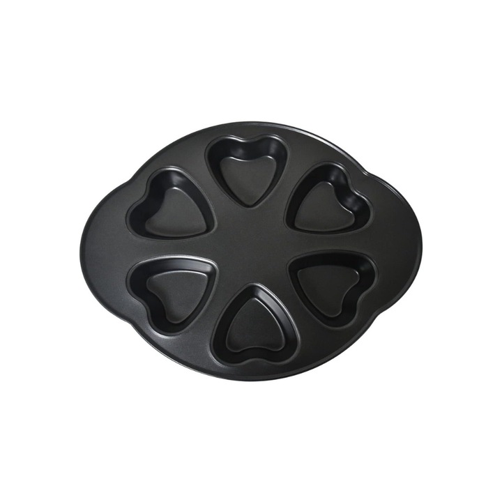 Tava de copt mini pentru briose in forma de inima, cu 6 compartimente, neaderenta, din otel carbon, Negru, 29.5 x 25 cm