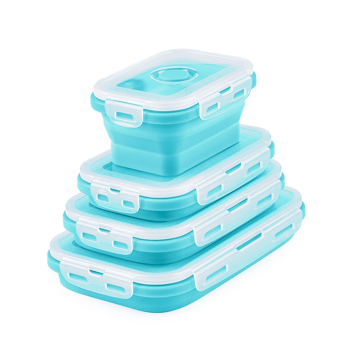 Set 4 Caserole Pliabile Extensibile Dreptunghiulare Onuvio® din Silicon Alimentar cu Capac - 350 ml, 500 ml, 800 ml, 1200 ml, Rezistente de la -40 la 200°C, pentru Pastrat, Incalzit si Transportat Hrana - Turcoaz
