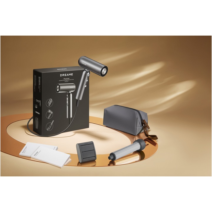 Uscator de par Dreame Pocket 2 in 1 AHD5-SG, uscator si ondulator, pliabil, ionizare negativa, 1600W, 110.000 RPM, uscare rapida 70m/s, 5 moduri de temperatura, 60dB, 300g, Gri