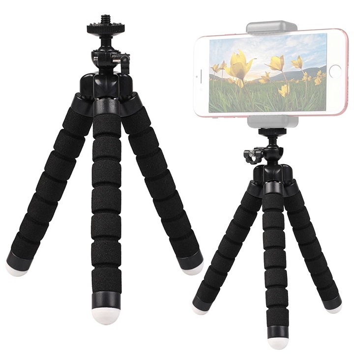 Stativ pentru telefon si camera cu trepied, Hurtel, design compact, picioare flexibile, set complet