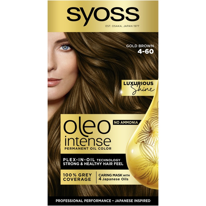 Vopsea de par permanenta fara amoniac Syoss Color Oleo Intense 4-60 Saten Auriu, 115 ml
