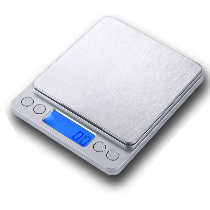 Cantar digital de gramaj cu 2 tavite, 500g/0.01g, compact, pentru bijuterii, alimente