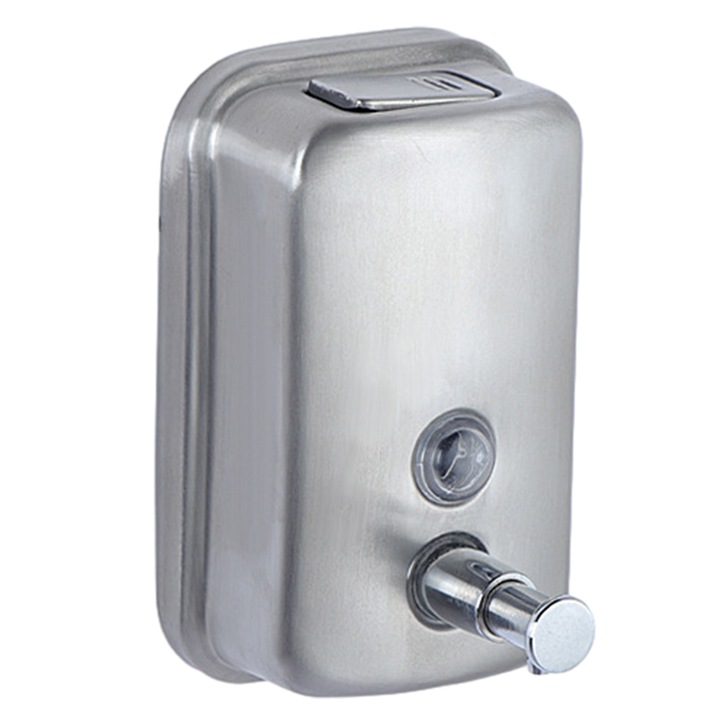 Kézi szappanadagoló, rozsdamentes acél, falra szerelhető, hotelszobába, egykezes működtetésű