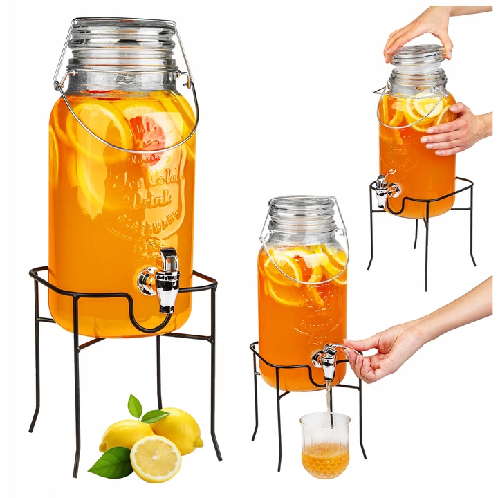 Borcan cu Robinet, SuperButelki, Dozator, 4l Din Sticla pe Suport Metalic, Ideal pentru Limonada Bauturi si Punch, Sticla Groasa de Calitate, Excelent pentru Petreceri si Grill, Transparent