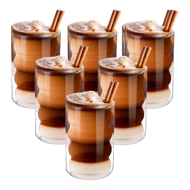6 db-os hőszigetelő pohár készlet, Boroszilikát üveg, Átlátszó, 350 ml