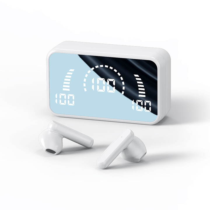 Vezeték nélküli fülhallgató, In ear, érintőképernyős LED, sztereó, IPX5, fehér, 50 mAh+ doboz 2000 mAh