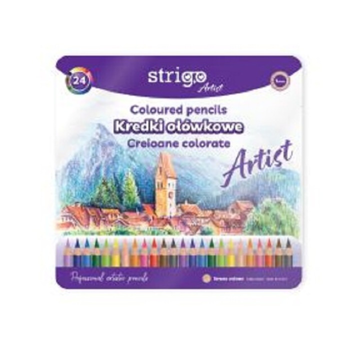 Моливи Strigo, серия 'ARTIST', 24 цвята, метална кутия, кедрово дърво