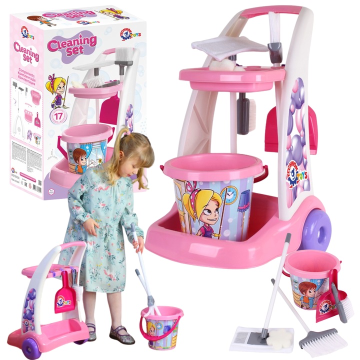 Set de curatenie pentru copii, Maksik, carucior, mop, galeata, accesorii, 54.5x37x37cm