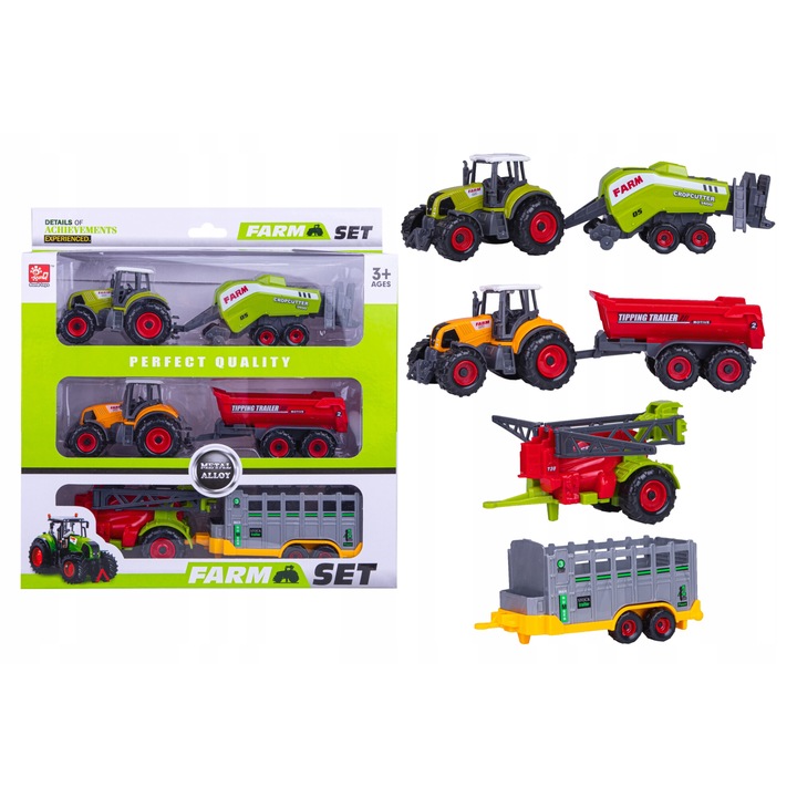 Set de jucarii agricole Norimpex, 2 tractoare, remorca, presa de balotat, multicolor