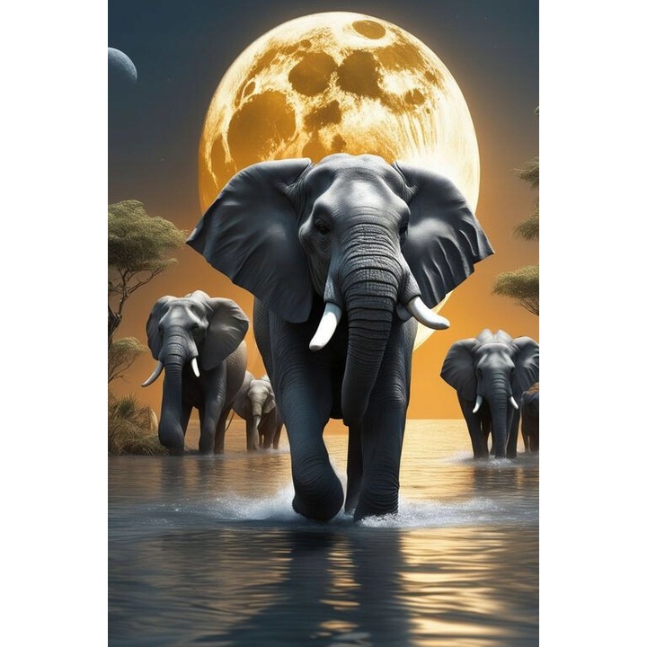Set de Artizanat Norimpex, Mozaica cu Diamante, Elefant African pe Fundal de Luna, 30x40cm