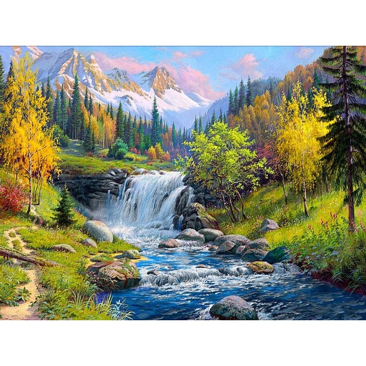 Set de Artizanat Norimpex, Mozaica cu Diamante, Peisaj cu Rau Montan, 30x40cm