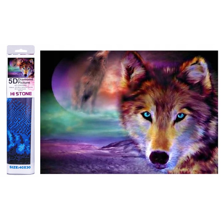 Set de Artizanat, Mozaica cu Diamante, Lup la Luna Plina, 30x40cm