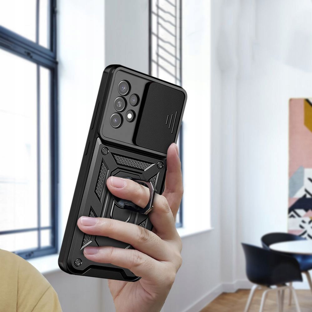 Husa telefon compatibila cu Samsung Galaxy A23 4G / A23 5G, protectie camera Slide and Snap Soft Premium, Magnetic Ring Holder, PopGrip, Anti-Shock, Rugged Protection, Negru
