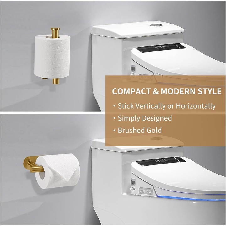 Самозалепващ се държач за тоалетна хартия, златиста неръждаема стомана, L дизайн, без пробиване, водоустойчив