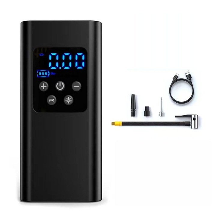 Pompa de aer electrica inteligenta, inclusiv accesorii si cablu USB, oprire automata completa de 28 secunde, umflare rapida, potrivita pentru masini, motociclete, biciclete, bile, saltele, iluminare LED SOS modul de ajutor, rezistenta de180 de zile, negru