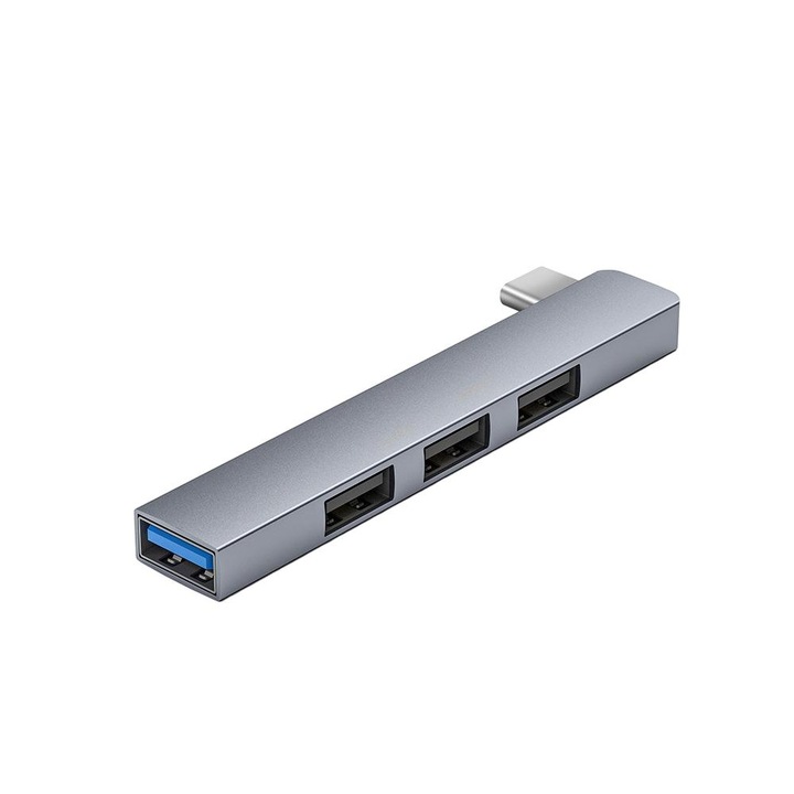 Hub USB 4 Porturi, 3xUSB2.0 + 1xUSB3.0, Aluminiu, Argintiu, 13.5x7.8x0.7cm