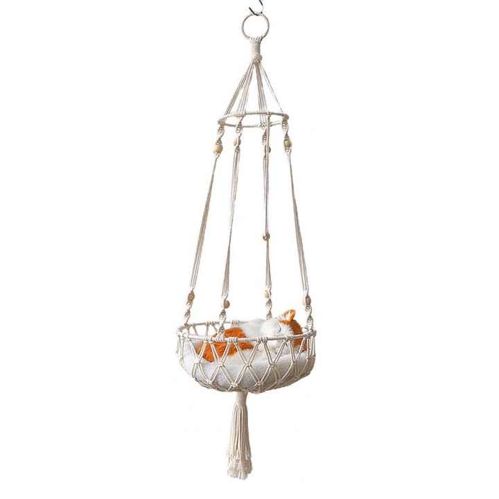 Culcus pentru pisici, BGHYHYHI, hamac din macrame, culoare alba, diametru 30cm, set cu saltea 40x40cm