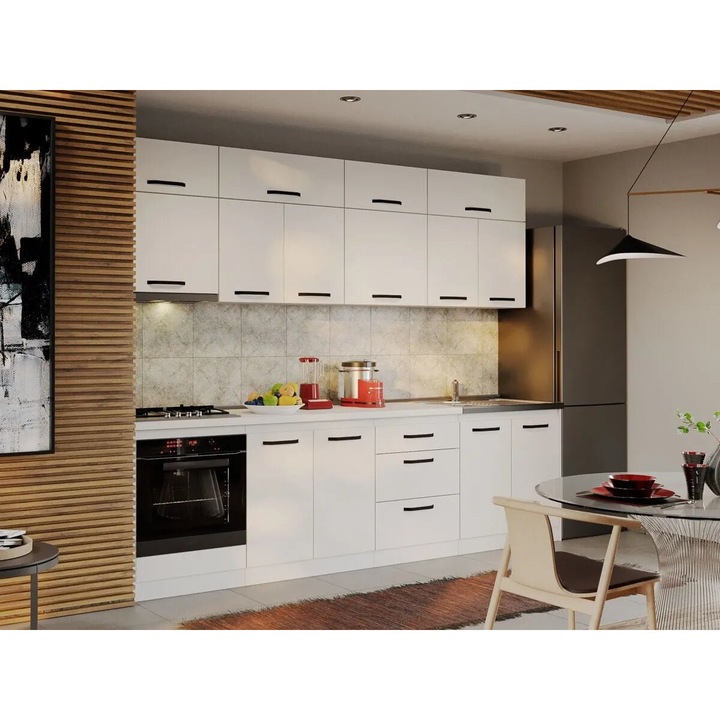 Set Mobila Bucatarie, Fog, 21, Alba plus Chiuveta, 280 cm, Pal Melaminat