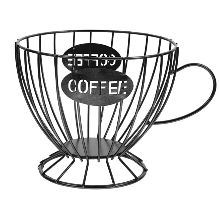 Cos depozitare capsule cafea, Rqiurpn, design ceasca, capacitate mare, Metal, negru, 19x15x13cm