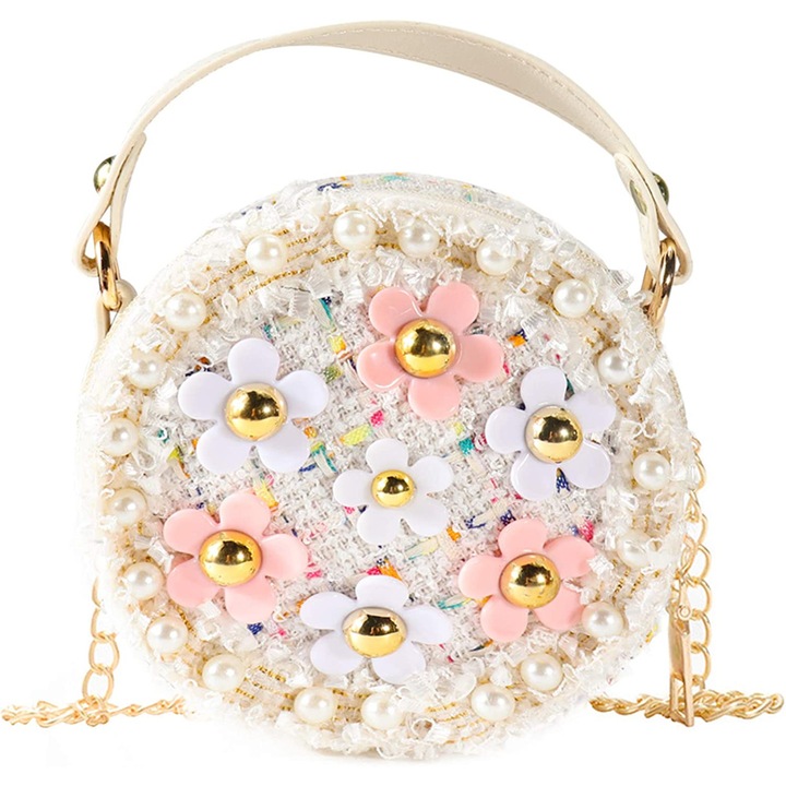 Jormftte mini gyermek táska, gyöngyvirág design, fehér, állítható pánttal