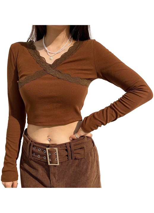 Дамска блуза с дълги дантелени ръкави, Cozevdnt, Cotton, Brown, S INTL
