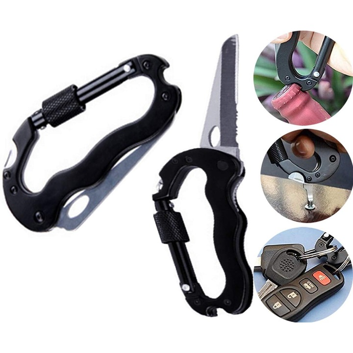 Carabinier multifunctional Enforose, set 2 bucati, cu cutit de buzunar pliabil, deschizator de sticle, spargator geam, aluminiu, compact, portabil