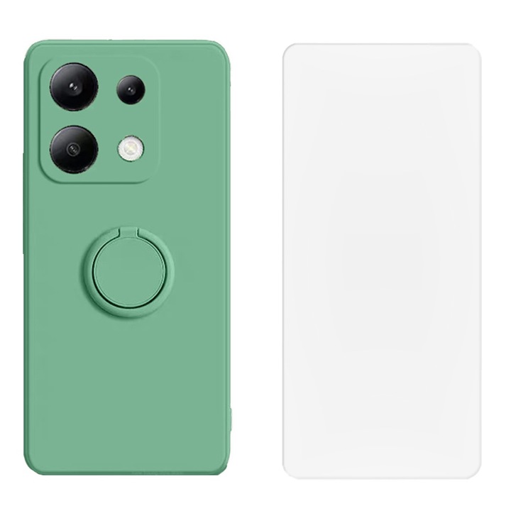 Защитен комплект за Xiaomi Redmi Note 13 Pro 4G, цветен пръстен и капак от фолио, устойчив силикон, микрофибър, против надраскване, против удар, 360 метален пръстен, защита на камерата, повдигнати ръбове, светлозелен