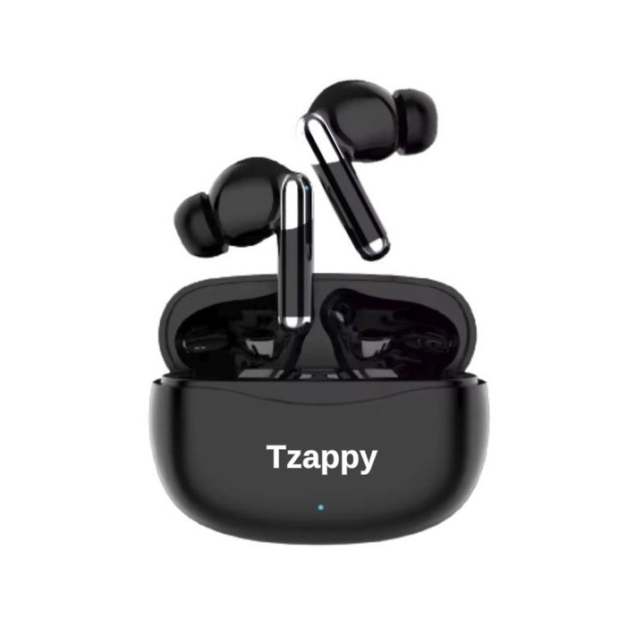 Tzappy J66 Bluetooth fülhallgató, zajszűrő (ANC-40 dB), 4 ENC mikrofon, hibrid, vezeték nélküli Bluetooth V5.3, 10 mm-es meghajtó, érintésvezérlés, 25 óra hallgatás, átlátszó mód, kényelmes viselet, automatikus párosítás, fekete