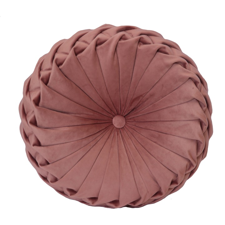 Perna Decorativa Puffet Rotunda din Catifea Roz, Cusuta Manual, 38 cm diametru