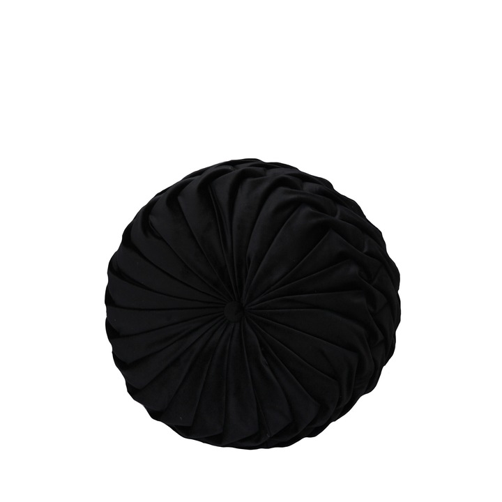 Perna Decorativa Puffet Rotunda din Catifea Neagra, Cusuta Manual, 38 cm diametru