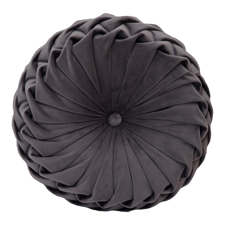 Perna Decorativa Puffet Rotunda din Catifea Gri Inchis, Cusuta Manual, 38 cm diametru