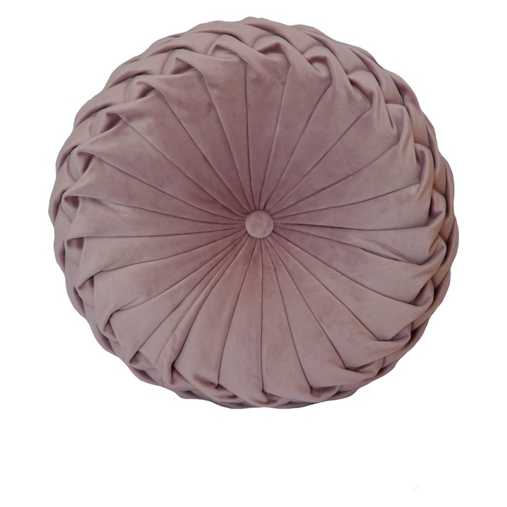 Perna Decorativa Puffet Rotunda din Catifea Roz Pudra, Cusuta Manual, 38 cm diametru