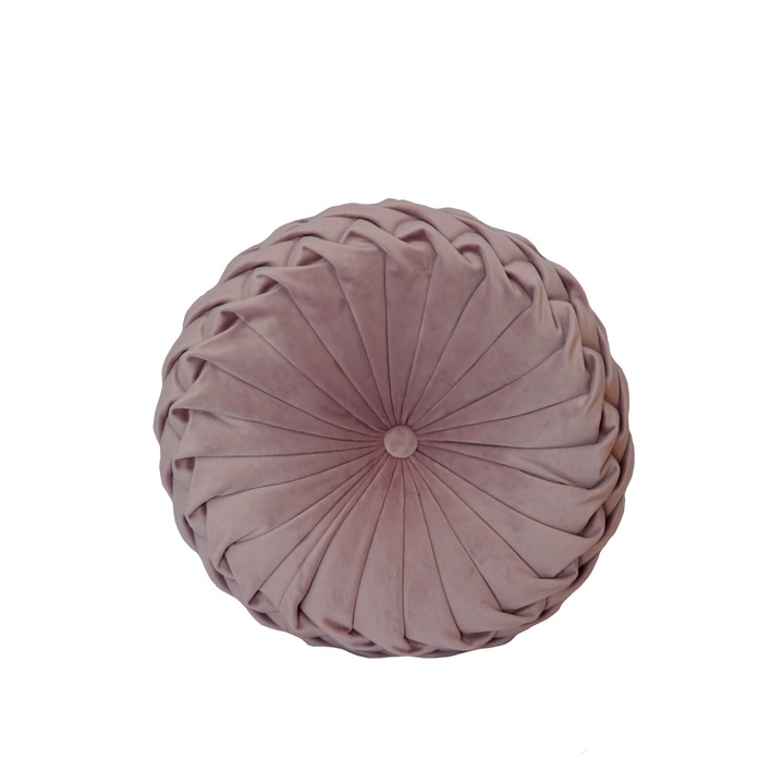 Кръгла декоративна възглавница от прахово розово кадифе, ръчно шита, 38 см диаметър