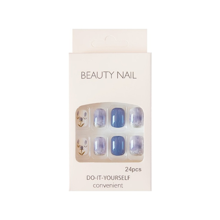 Műköröm szett, FanFox, kék márvány, 24 db, kék/fehér, ragasztóval