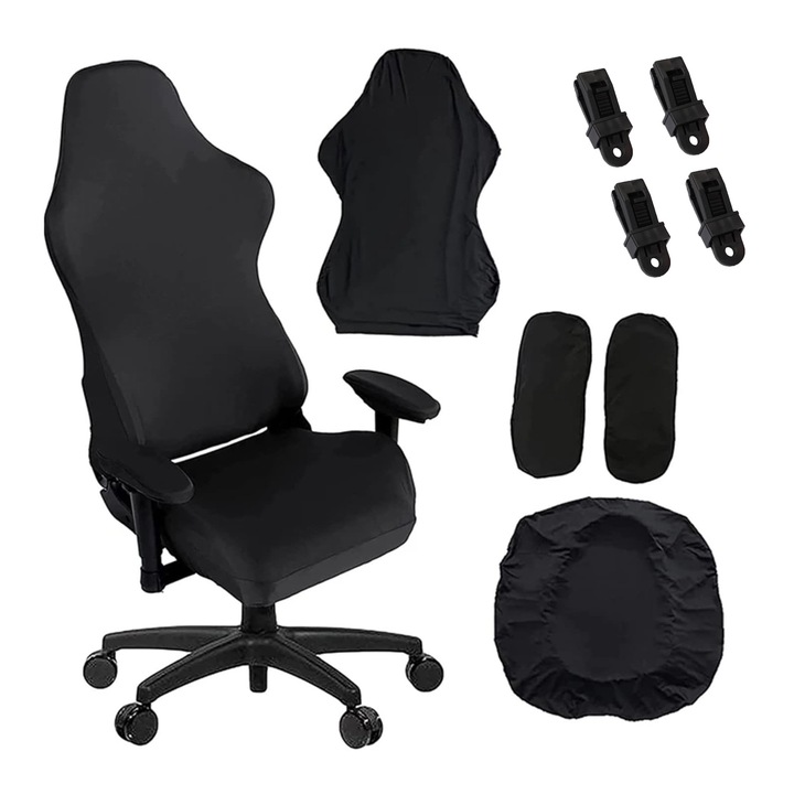 Husa pentru scaun gaming, SINBINTA, Cu 2 Huse pentru cotiere si 4 clip, Moale si respirabil, prietenos cu pielea si neted, nu se estompeaza usor, Impiedicand ruperea scaunului, Pentru studiu, living, dormitor, Poliester, 56-64cm, Negru