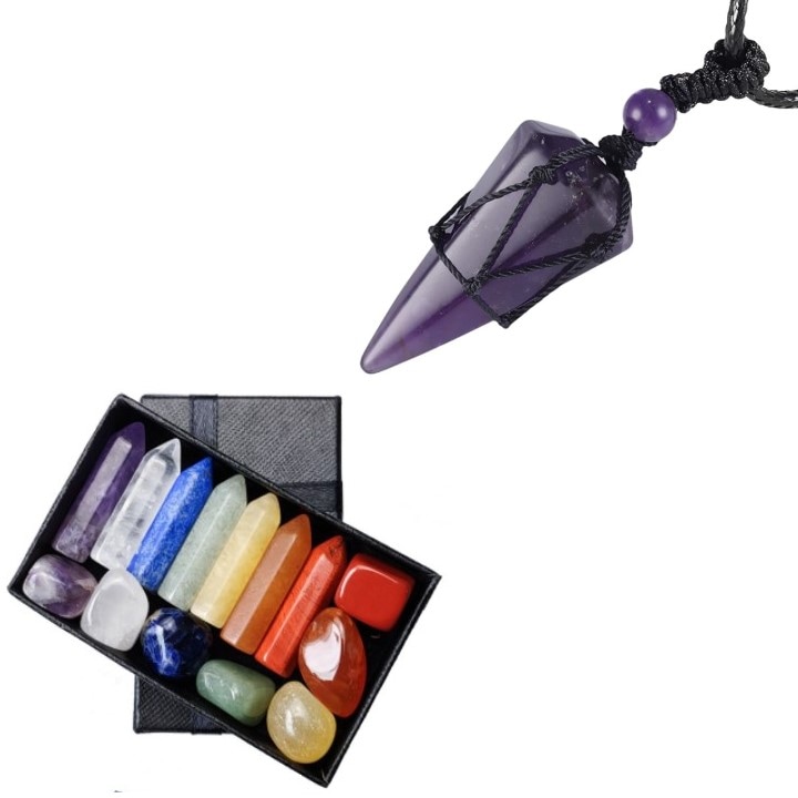 Set de 7 Pietre Semipretioase Polisate si 7 Cristale Semipretioase Hexagonale Naturale si Colier Ametist Natural cu Pandantiv Cristal Vindecator Hexagonal, SUPER TRENDS®, Cristale Vindecatoare pentru Meditatie, Yoga, Ameliorarea Anxietatii