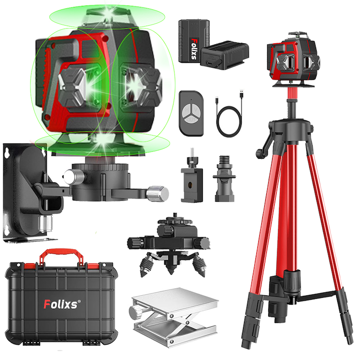 4D лазерен нивелир, Folixs®, Професионален, 16 линии, 4x360º, IP-54, милиметрова точност, ± 3° работен обхват 30 м, 515 nm лазерен диод, с дистанционно управление, със статив, червен/черен