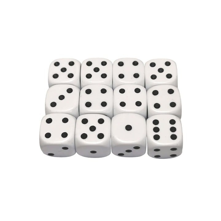 10 db-os kocka készlet, 10 mm-es, fehér, fekete pöttyökkel, műanyag, társasjátékokhoz vagy szerencsejátékokhoz, Dactylion