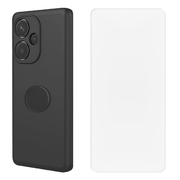 Védőkészlet Xiaomi Redmi Note 13 Pro Plus 5G / Note 13 Pro + 5G készülékekhez, színes gyűrűburkolat és fólia, szilikonálló, mikroszálas, karcolásgátló, ütésálló, 360 fokos fémgyűrű, kameravédelem, megemelt élek, fekete