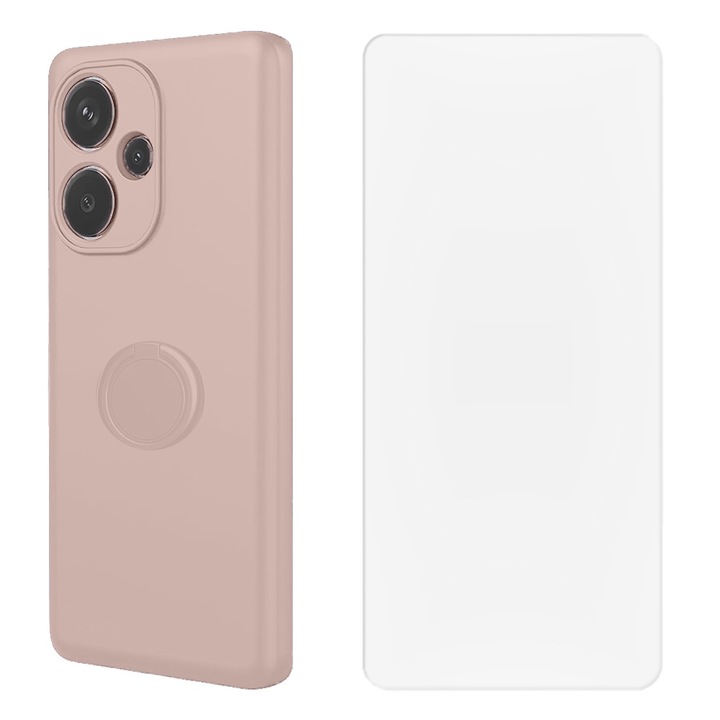 Védőkészlet Xiaomi Redmi Note 13 Pro Plus 5G / Note 13 Pro + 5G készülékekhez, színes gyűrűburkolat és fólia, szilikonálló, mikroszálas, karcolásgátló, ütésálló, 360 fokos fémgyűrű, kameravédelem, megemelt élek, világos rózsaszín