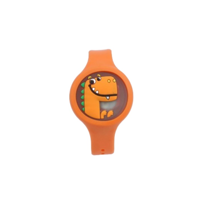 Bratara Impotriva Tantarilor si Insectelor, pentru Copii, cu luminare LED si Dimensiune Ajustabila, pe Baza de Ulei Esential Natural, Model Dinozaur Portocaliu, ORIGINAL DEALS