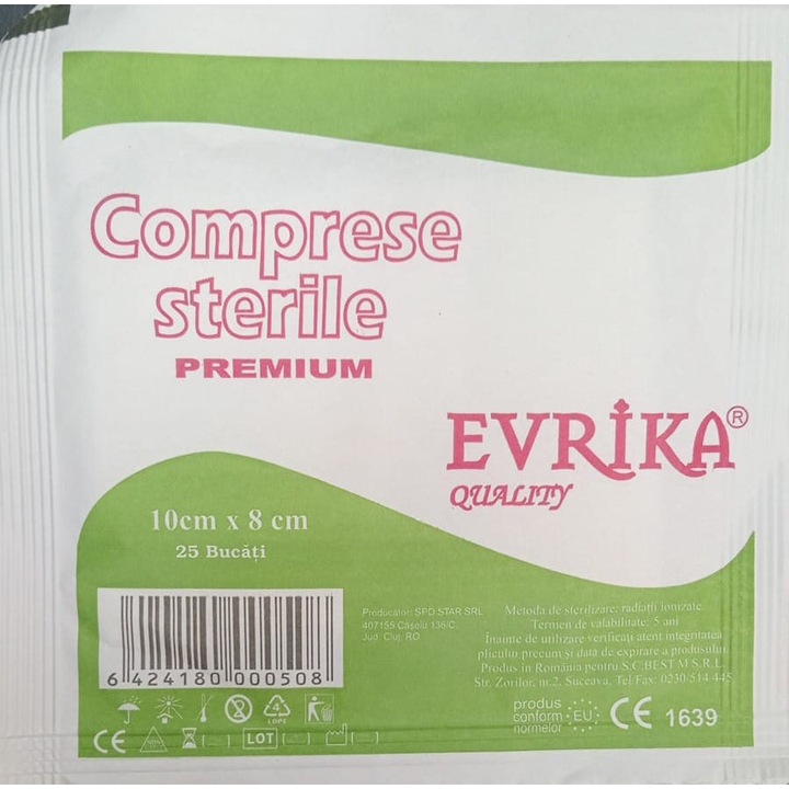 Comprese sterile tifon Premium, Evrika Quality, taiate, 10cm/8cm, 25 buc/plic