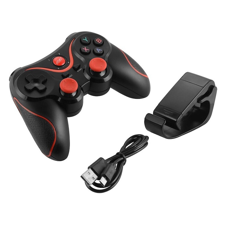 Android/iOS telefon Bluetooth kontroller, Zola, hatótáv 10 m-ig, műanyag és gumi, telefontartó mérete 55-100 mm, fekete/piros