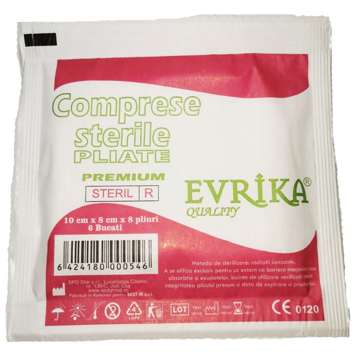 Comprese sterile tifon Premium, Evrika Quality, pliate, 10cm/8cm x 8 pliuri, 6 buc/plic