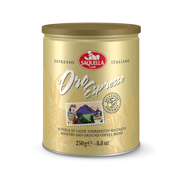 Cafea macinata Saquella Caffe Oro Espresso, intensitate 4/5, prajire medie, cutie 250g, potrivita pentru toate metodele de preparare