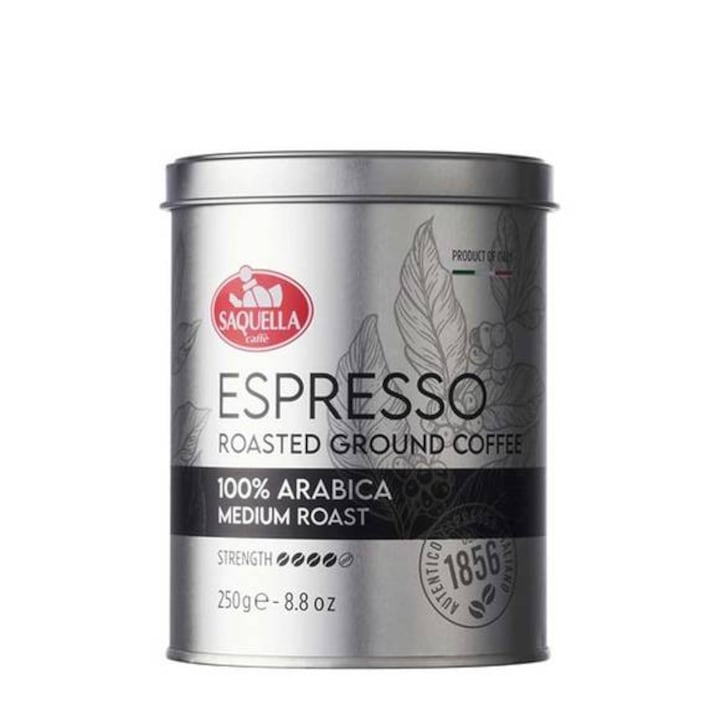 Cafea macinata, Saquella Caffe, Espresso 100% Arabica Medium Roast, cutie 250g, intensitate 4/5, potrivita pentru espressoare de cafea