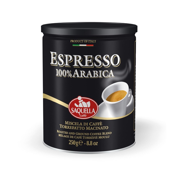 Cafea macinata Saquella Caffe Espresso 100% Arabica, gust intens, note fructate, prajire medie, intensitate 3/5, potrivita pentru toate metodele de preparare