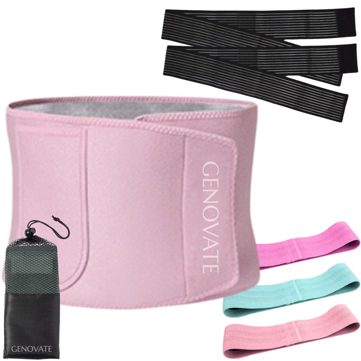 Centura Abdominala Fitness GENOVATE™, Modelare Talie si Suport Lombar din Neopren, Marime Universala, 2x Benzi Elastice Sustinere Genunchi, Set 3x Benzi Elastice, Saculet de Transport si Manual de Exercitii incluse